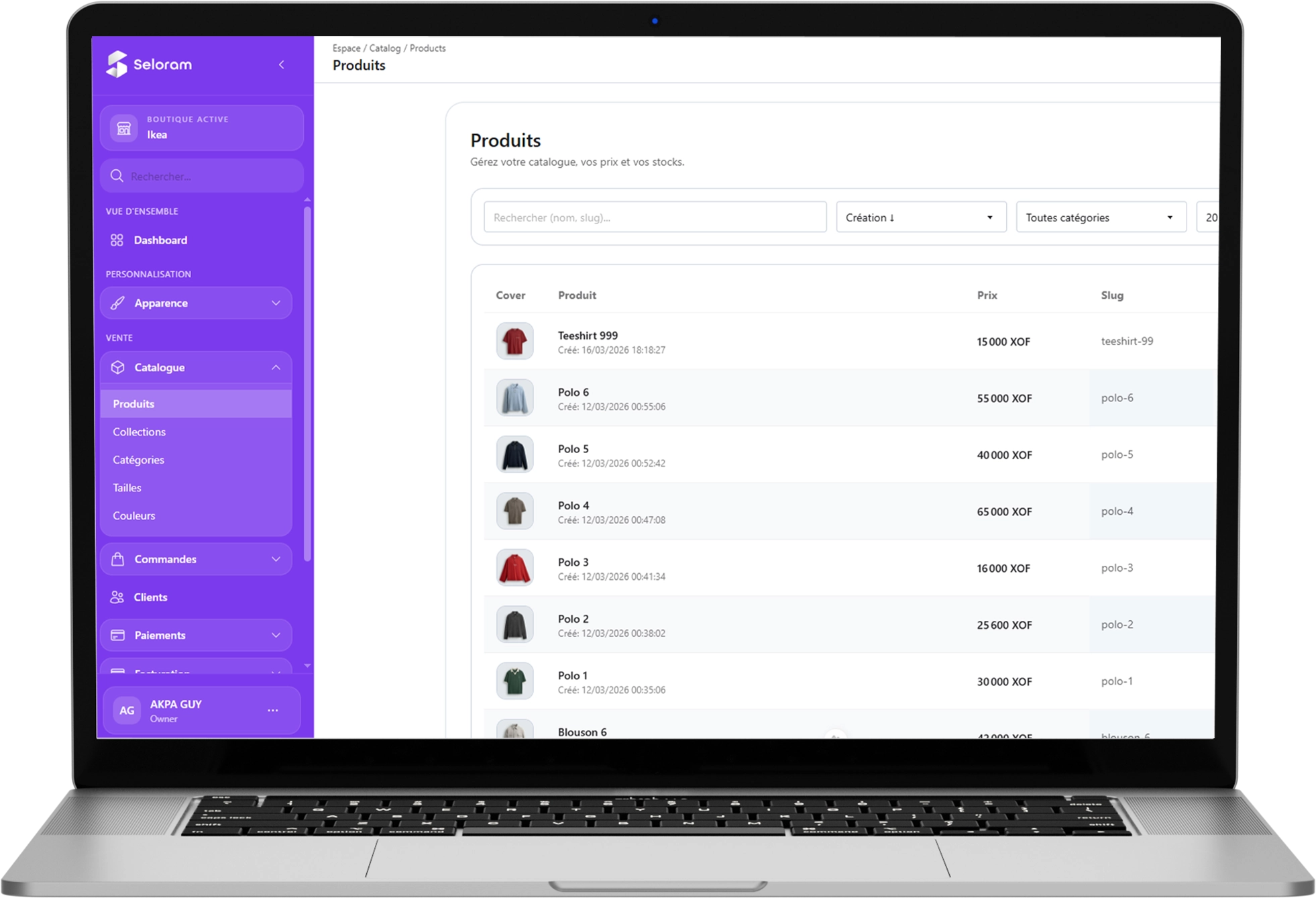 Tableau de bord Seloram pour gérer produits et commandes